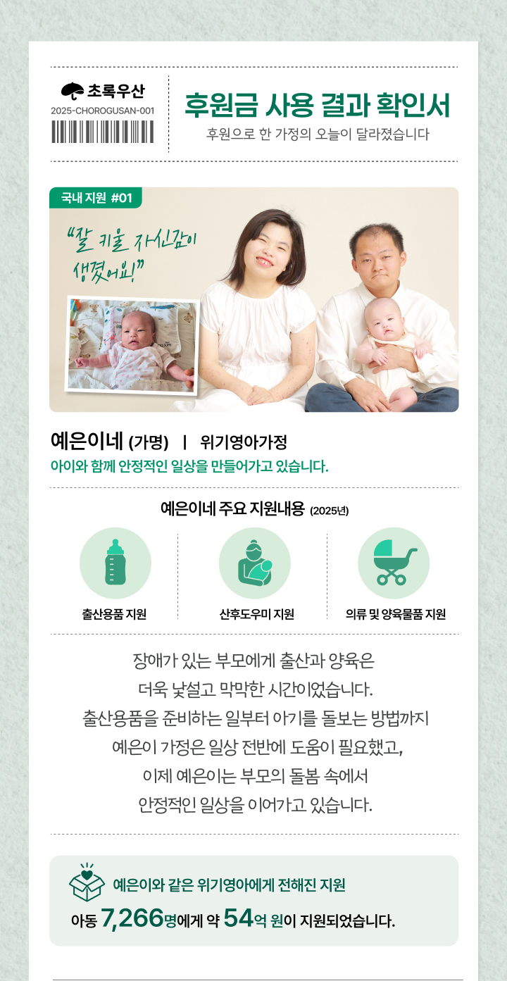 후원금 사용 결과 확인서, 후원으로 한 가정의 오늘이 달라졌습니다. 예은이네 지원