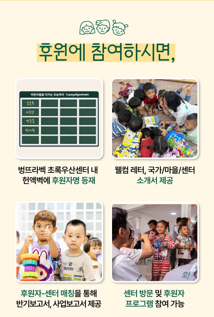 후원에 참여하시면, 벙뜨라벡 초록우산센터 내 헌액벽에 후원자명 등재. 웰컴 레터, 국가/마을/센터 소개서 제공. 후원자-센터 매칭을 통해 반기보고서, 사업보고서 제공. 센터 방문 및 후원자 프로그램 참여 가능.
