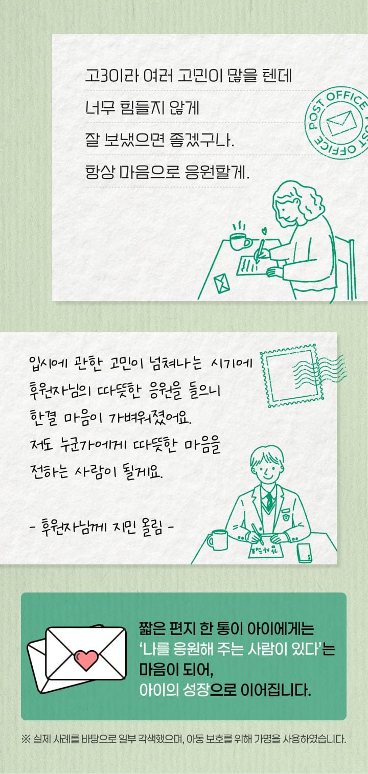 고3이라 여러 고민이 많을 텐데 너무 힘들지 않게 잘 보냈으면 좋겠구나. 항상 마음으로 응원할게. 입시에 관한 고민이 넘쳐나는 시기에 후원자님의 따뜻한 응원을 들으니 한결 마음이 가벼워졌어요. 저도 누군에게 따뜻한 마음을 전하는 사람이 될게요. 후원자님께 지민 올림. 짧은 편지 한 통이 아이에게는 나를 응원해 주는 사람이 있다는 마음이 되어, 아이의 성장으로 이어집니다. 실제 사례를 바탕으로 일부 각색했으며, 아동 보호를 위해 가명을 사용하였습니다.