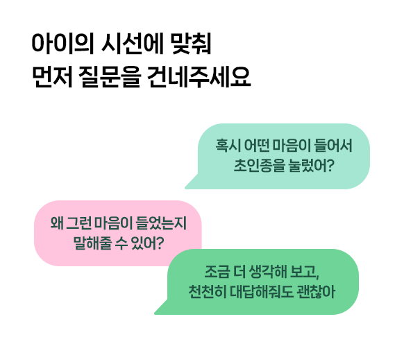 아이의 시선에 맞춰 먼저 질문을 건네주세요/혹시 어떤 마음이 들어서 초인종을 눌렀어?/왜 그런 마음이 들었는지 말해줄 수 있어?/조금 더 생각해 보고, 천천히 대답해줘도 괜찮아