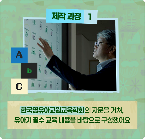 제작 과정 1: 한국영유아교원교육학회의 자문을 거쳐, 유아기 필수 교육 내용을 바탕으로 구성했어요